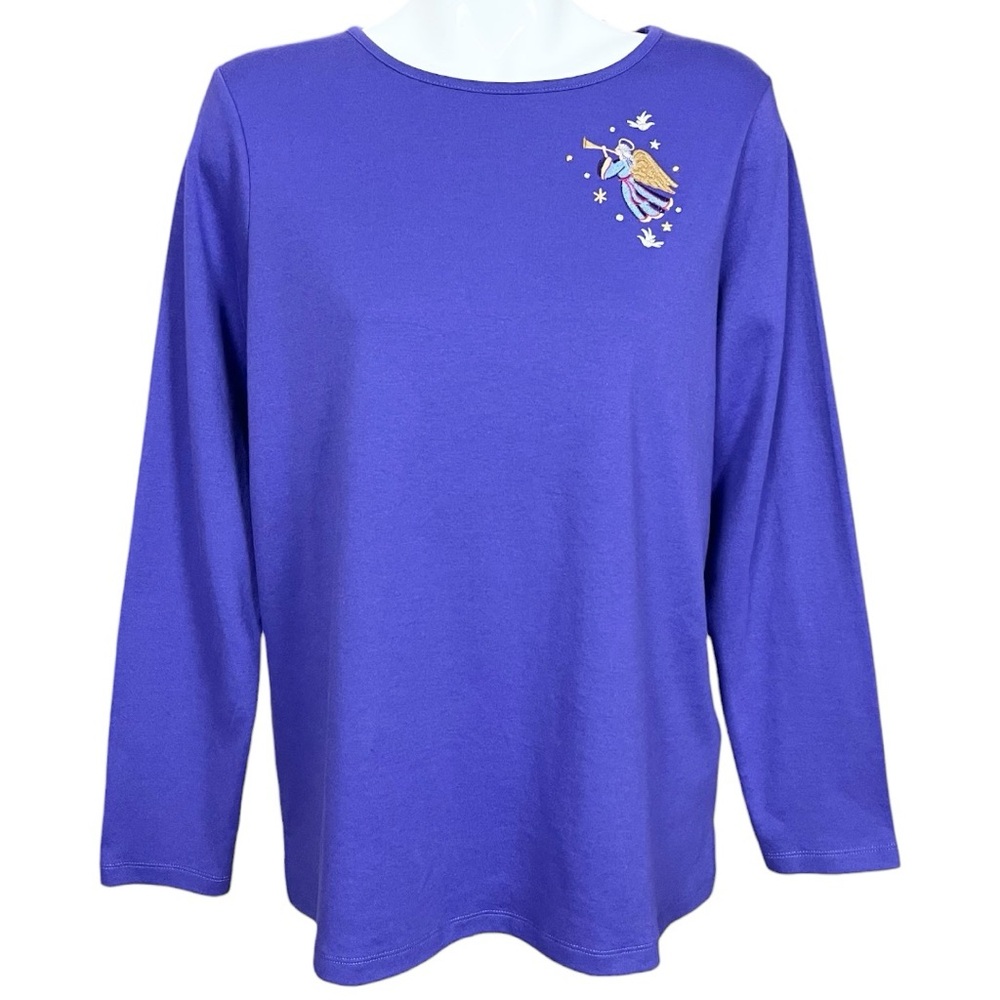 Quacker Factory Purple Angel Embroidered Embellished Long Sleeve T Shirt Large